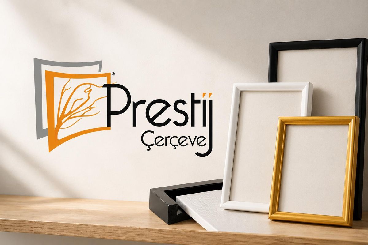 Duvarda Prestij Çerçeve logosu; rafta beyaz, siyah ve altın renkli çerçeveler